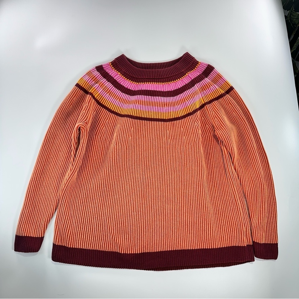 Lands End color block sweater striped burgundy ribbed cotton L - Picture 2 of 11